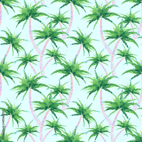 Watercolor palm seamless pattern, tropical print on blue background 