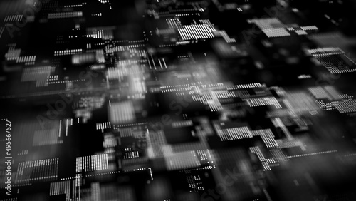 Gray digital futuristic cyberspace. Data storage service. Big data technology concept. Blockchain system connections. Server room. Quantum computer system. 3d rendering of matrix with particles and