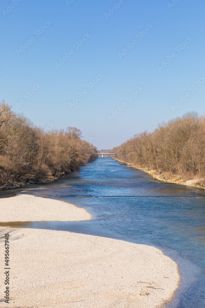 Isar river at Englischer Garten public park in Munich Isar river at Englischer Garten public park in Munich