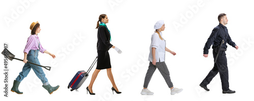 Collage. Young people in image of gardener, stewardress, chef and policeman walking, posing isolated over white background