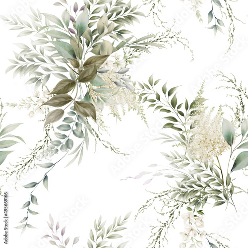 Seamless floral pattern with greenery on summer background, watercolor illustration. Template design for textiles, interior, clothes, wallpaper. Floral print