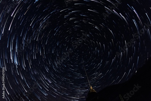 Radial startails around the North Star. Polar Star. Night clear sky. Long exposure photo.