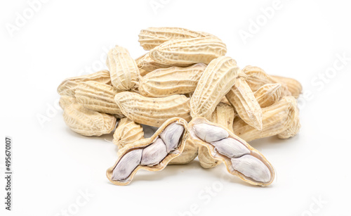Boiled beans peanuts with texture on white background.