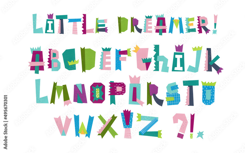 Creative funny kids font. Set of english alphabet . Paper cut style. Unique design. Vector Illustration. Creative funny kids font. Set of english alphabet . Paper cut style. Unique design. Vector Illustration.