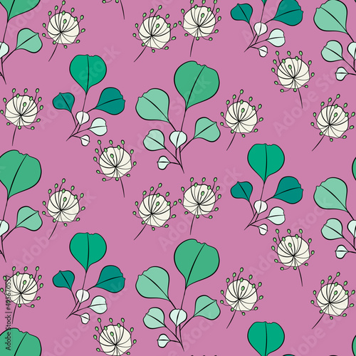 Vector seamless half-drop pattern  with leaves and flowers