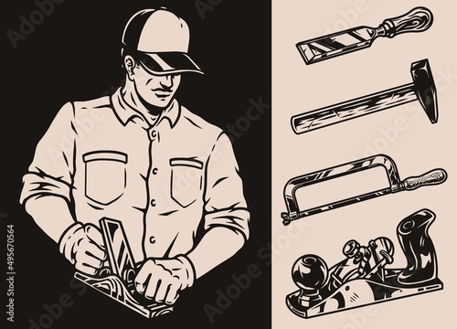 Monochrome parts of woodworker and tools