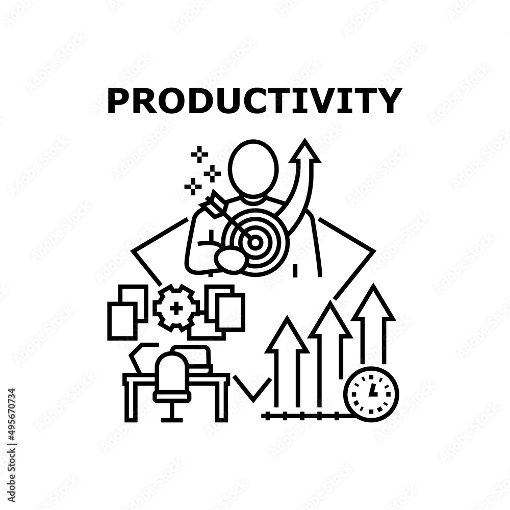 Productivity Vector Icon Concept. Manager Or Businessman Developing And Planning Productivity Time For Successful Goal Achievement. Managing Task For Increase Wealth Black Illustration