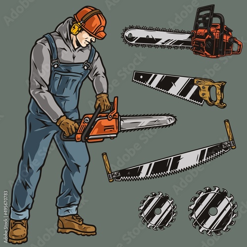 Woodworker and tools colorful elements set