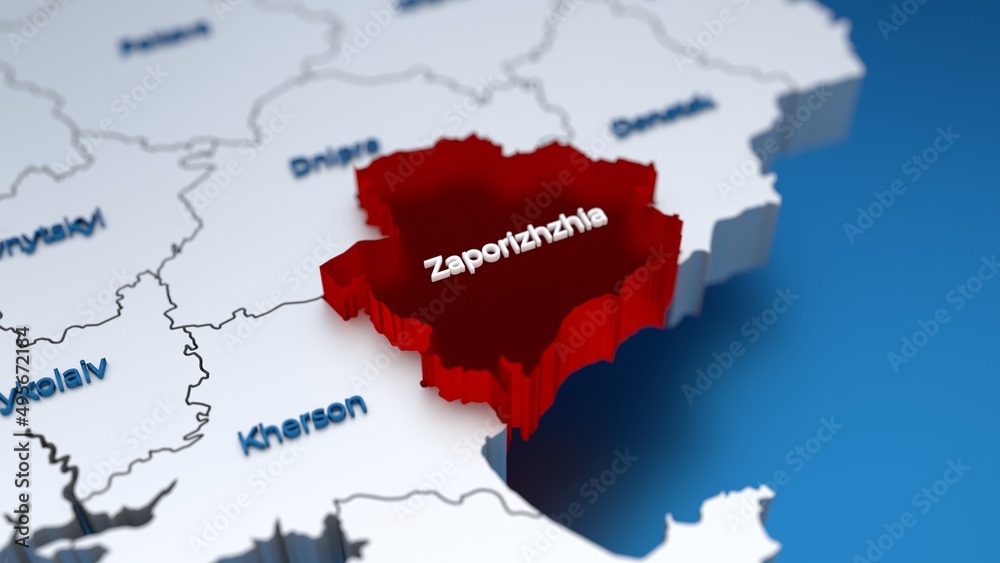 Obraz premium Stylish 3D map of Ukraine with Zaporizhzhia region at focus highlighted in red
