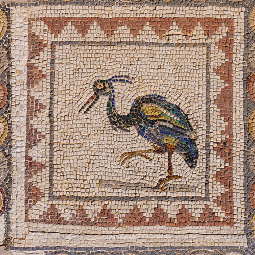 Mosaic of a heron on the floor of the House of the Birds in Italica, an archaeological site at the outskirts of Seville
