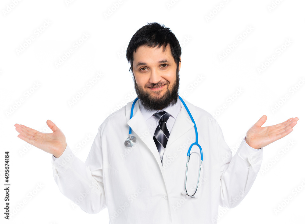 the doctor in a white coat smiles, spread his arms. isolated background the doctor in a white coat smiles, spread his arms. isolated background