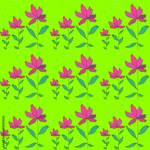 Vector seamless half-drop pattern  with leaves and flowers