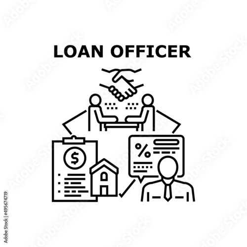 Loan Officer Vector Icon Concept. Loan Officer Checking Real Estate Documentation And Client Solvency, Approving Mortgage And Signing Financial Agreement With Customer Black Illustration