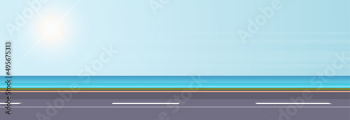 Coastal road and modern style holiday road outdoor travel design flat illustration.