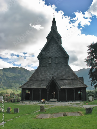 A shot of Hopperstad Stave Church, located in the village of Vikoyri, Norway. photo