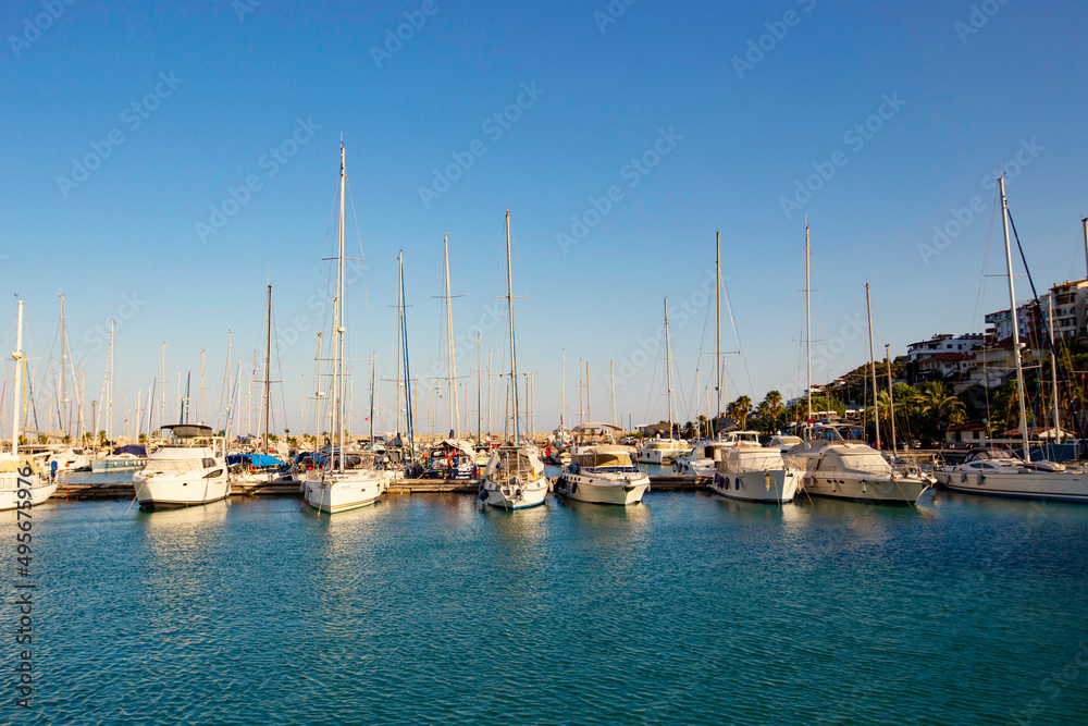 Beautiful marina with yachts on sunny day in Finike, Antalya, Turkey 