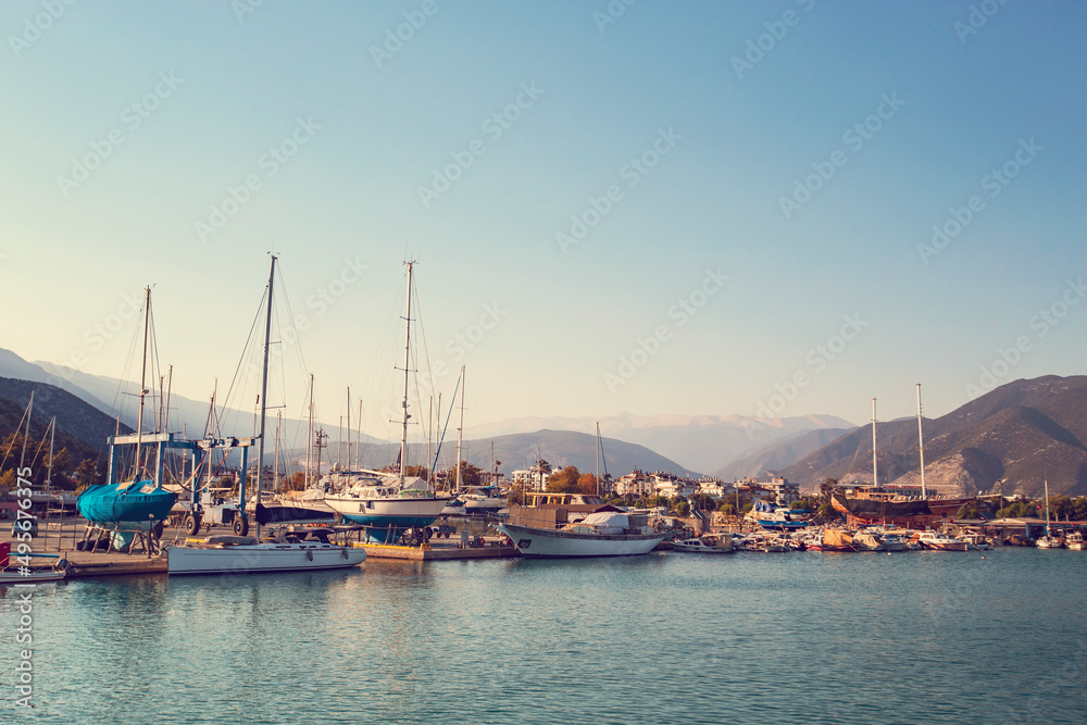 Beautiful marina with yachts on sunny day in Finike, Antalya, Turkey 