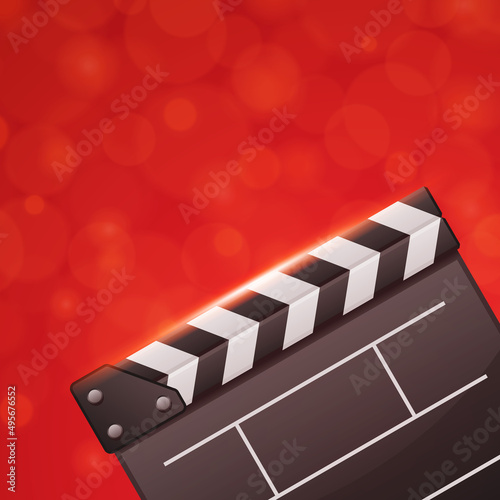 Vector illustration of empty movie clapper board representing concept of film making and video production on bokeh red background