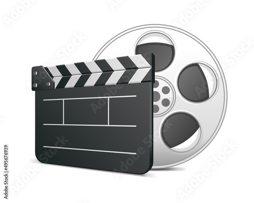 Clapperboard and movie film reel icon on white background vector illustration. Clapper board for making movie and video production depicted isolated on white background