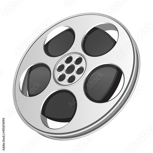 Vector 3d illustration of realistic retro old fashioned movie film reel with rolled cinema tape inside isolated on white background