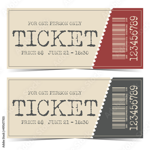 Ticket template with detachable part and barcode in grey, beige and red colours. Flat vector illustration of access flyers, entrance coupons or invitation, cards for festival, cinema or theatre.