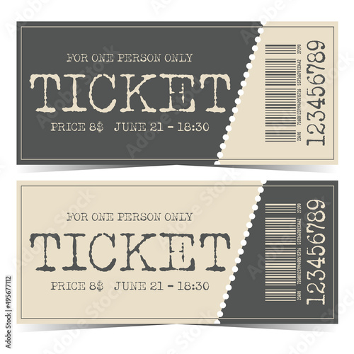Ticket mockup with shabby text, price, data and time to edit. Pair of tickets in grey-beige colours with tear-off or detachable part for cinema, theatre, festival or event. Flat vector illustration.