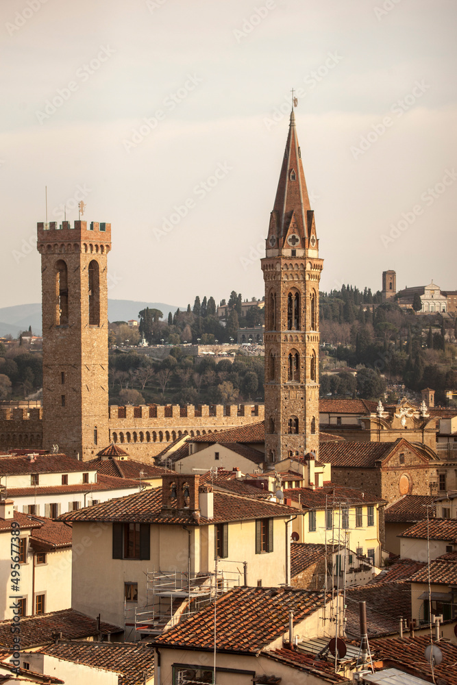 Italia, Toscana, Firenze, campanili del Bargello e della Badia Fiorentina.