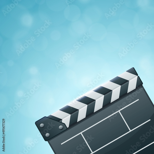 Vector illustration of opened empty movie clapper board representing concept of film making and video production on bokeh blue background