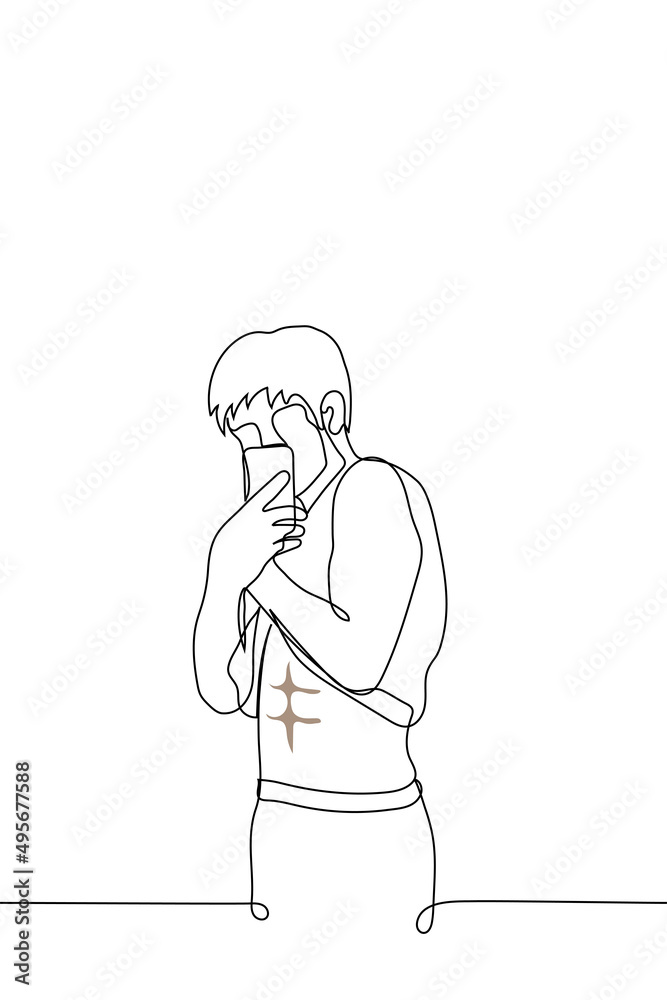 man posing to himself on phone in mirror demonstrating muscles in his arms and abs - one line drawing vector. concept of man fixes his progress in training, photo for dating site, showing off body