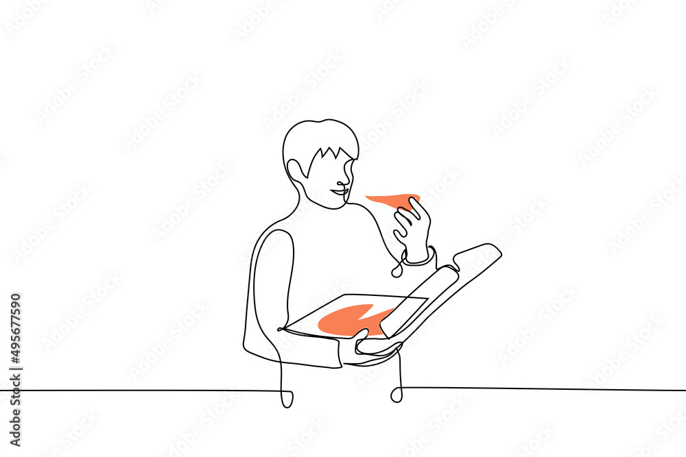 man eating a piece of pizza straight from the box - one line drawing vector. pizza delivery concept, eating fast food alone, pizza day