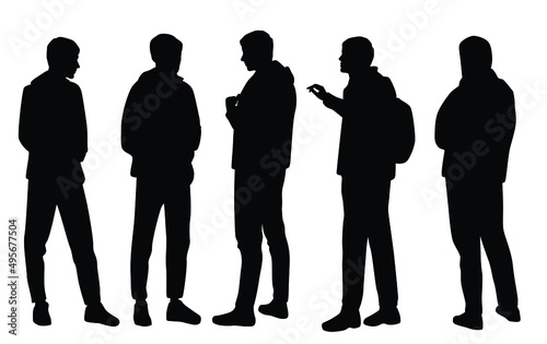  Vector silhouettes of a men standing, group businessmen, meeting and talking,  black color, isolated on a white background