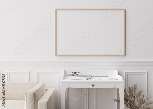 Empty picture frame on white wall in modern living room. Mock up interior in contemporary style. Close up view. Free space for your picture  poster. Console  vase  pampas grass. 3D rendering.