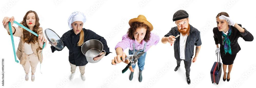 Collage. People in image of seamstress, chef, gardener, barber and stewardress isolated over white studio background