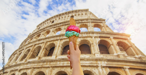 Wall Mural Colosseum in Rome, Italy during summer sunny day with italian ice cream gelato in the foreground