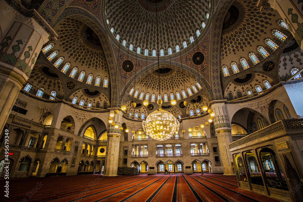 Rich interior of Kocatepe Mosque, the largest Masjid in Ankara, Turkey