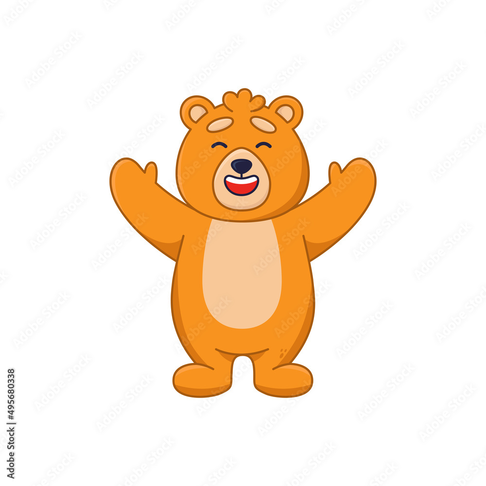 Friendly bear cartoon character smiling and greeting sticker. Cute funny forest animal laughing and raising paws flat vector illustration isolated on white background. Wildlife, emotions concept Friendly bear cartoon character smiling and greeting sticker. Cute funny forest animal laughing and raising paws flat vector illustration isolated on white background. Wildlife, emotions concept