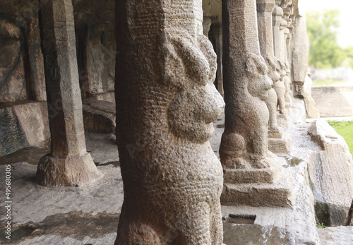 Close shot of  lion shape pillars of Krishna Mandapam columns at Arjuna's Penance Mahabalipuram