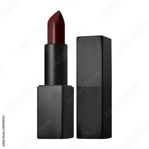 Black lipstick tube. Black lip cosmetic case mockup, beauty product illustration. Glamour and luxury woman fashion accessory, realistic personal care container, open and closed