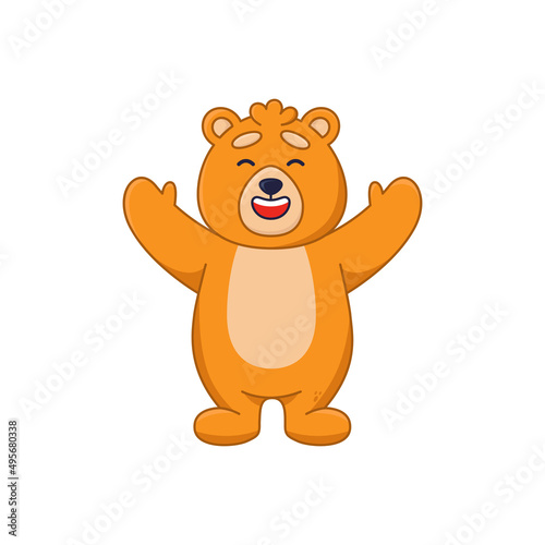 Friendly bear cartoon character smiling and greeting sticker. Cute funny forest animal laughing and raising paws flat vector illustration isolated on white background. Wildlife  emotions concept
