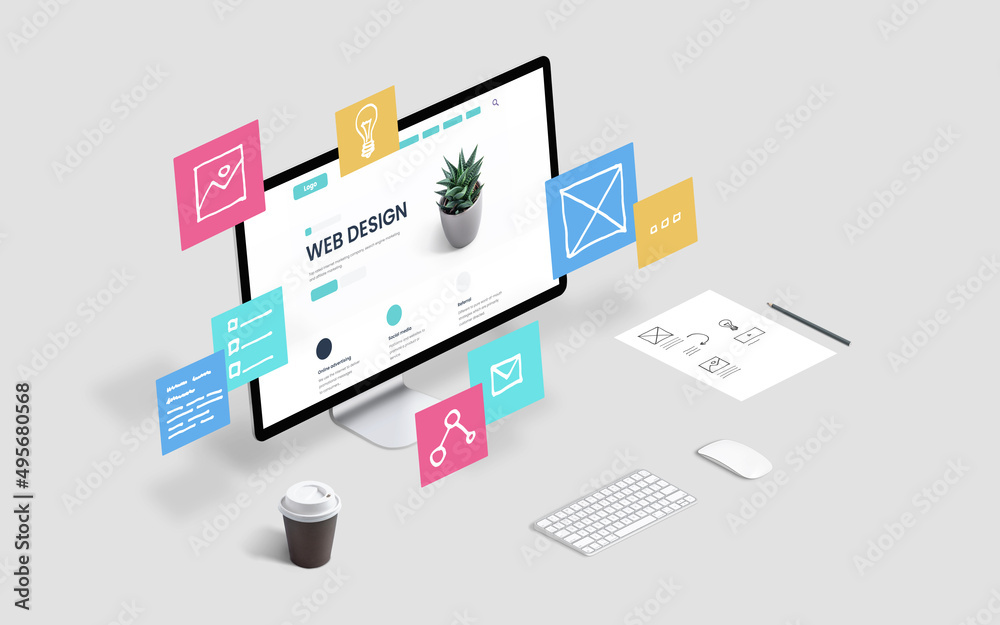 Creative web design studio with flying web page layout elements concept