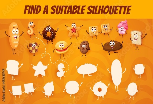 Find a suitable silhouette game worksheet. Cartoon cookies, bakery and desserts. Vector kids shadow match riddle with donut, bread, chocolate, crumbly or shortbread cookie, toast, cupcake characters