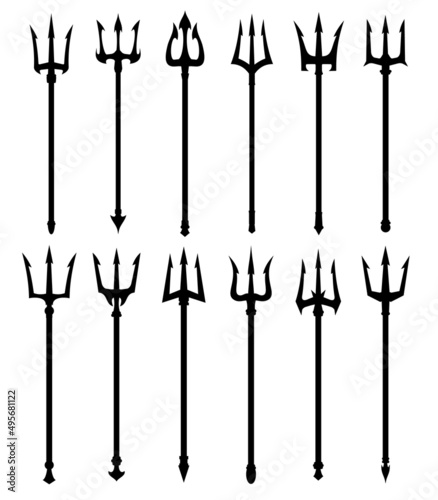 Devil trident fork silhouettes, Poseidon, Neptune or Triton spear weapon, vector pitchfork icons. Marin trident as nautical symbol of sea and ocean god, nautical harpoon or Zeus pitchfork photo