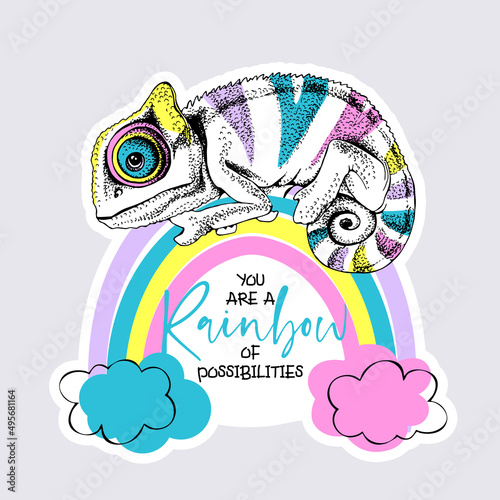 Bright Chameleon on the rainbow. Humor card, T-shirt composition, hand drawn style print. Vector illustration.