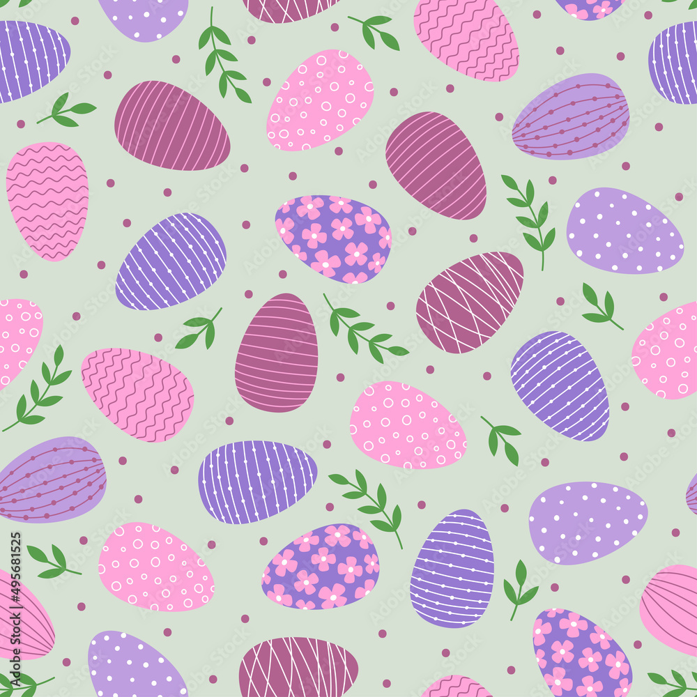 Seamless pattern with Easter decorated eggs. Purple, pink and blue eggs and green branches on blue background.