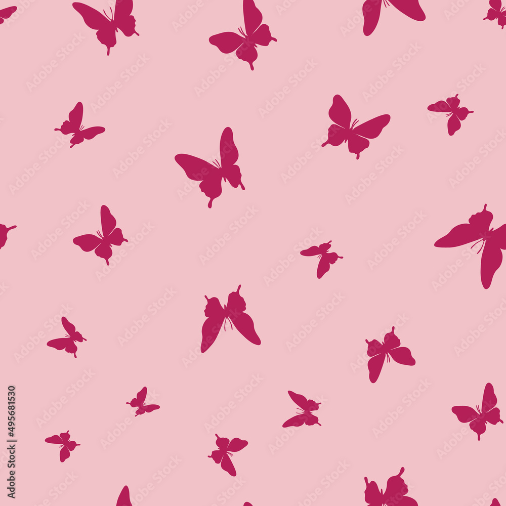 Vector butterfly seamless repeat pattern, red and pink background.