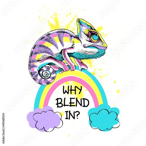 Bright Chameleon on the rainbow. Humor card, T-shirt composition, hand drawn style print. Vector illustration.