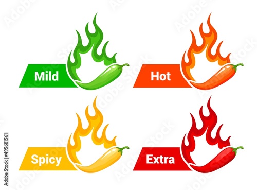 Hot spicy level labels with fire flames and peppers, mild, medium and extra hot spicy vector scale. Food spicy taste level icons with burning flame of chili pepper, jalapeno or tabasco sauce