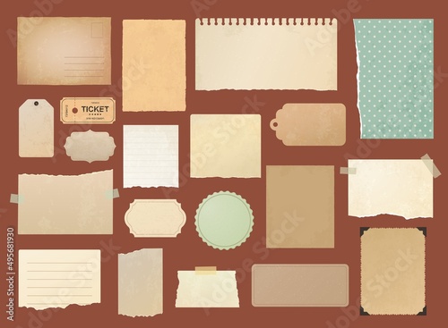Vintage scrapbook torn paper, post card, notes, stickers, tags and tickets. Vector old paper pages and scraps of retro memo notebook, grunge labels and notepaper with stamp frames and corner stickers
