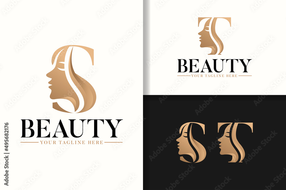 Fototapeta premium Feminine monogram logo with woman silhouette letter s and t