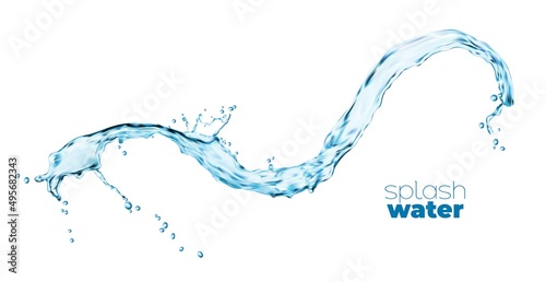 Isolated transparent blue water wave splash of blue long flow with drops, realistic vector. Splashing water spill or pour wave with splatters of clean pure aqua and fresh crystal drink droplets
